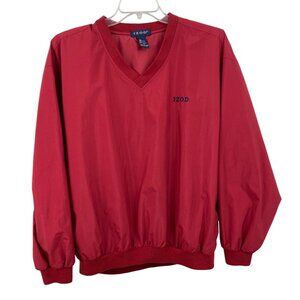 IZOD Windbreaker Men's Size Medium Red V-Neck Pullover Side Zip Pocket Vintage